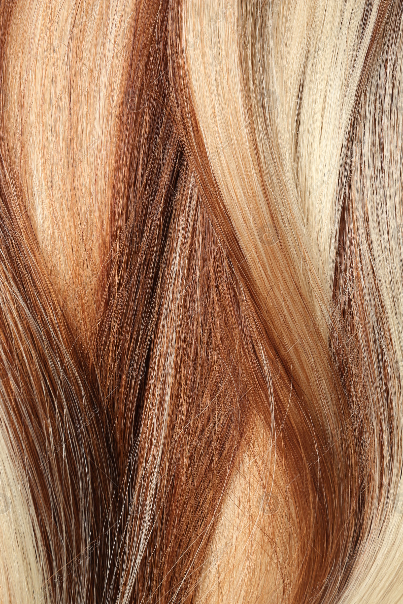 Photo of Strands of different color hair as background, closeup