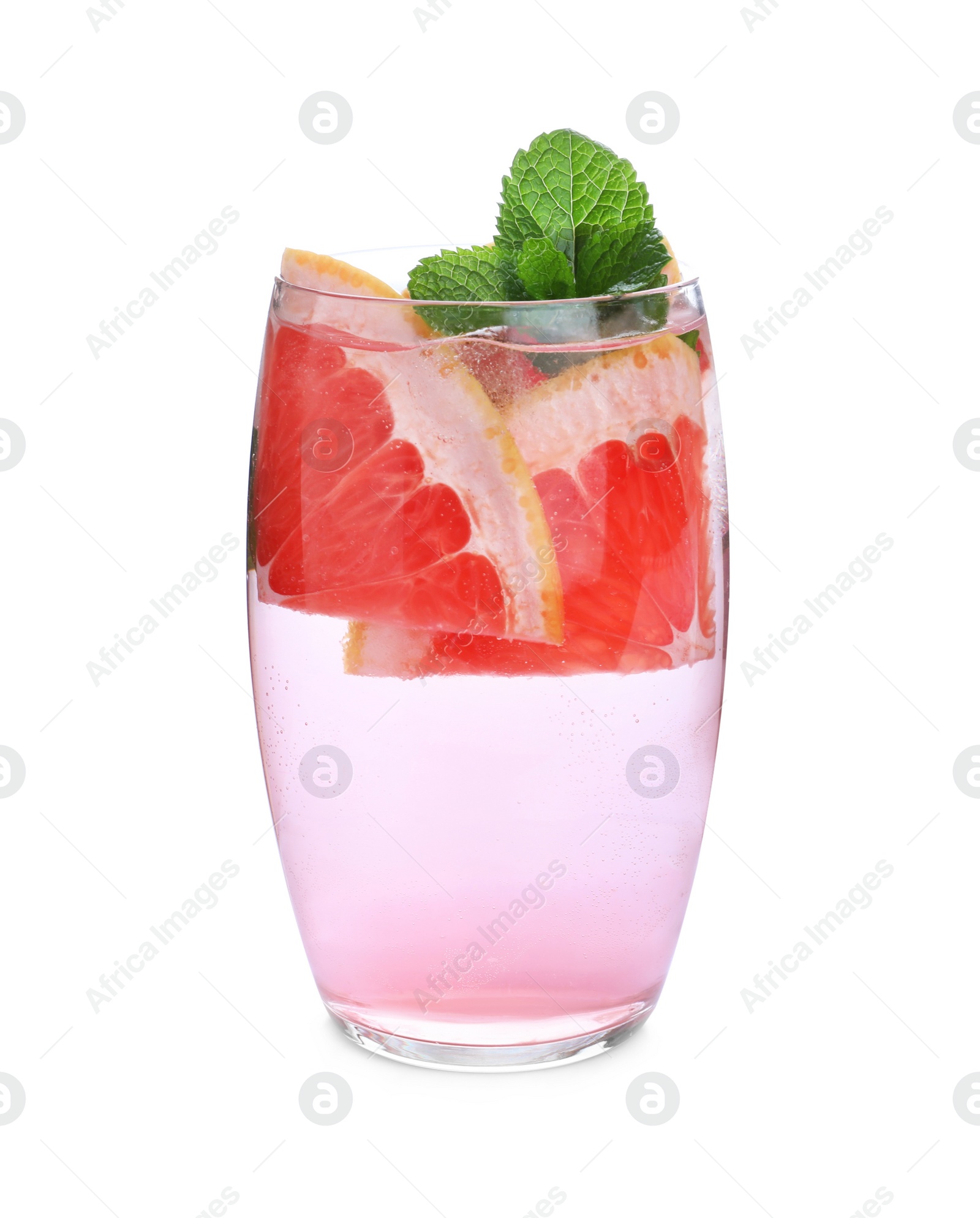 Photo of Delicious grapefruit lemonade made with soda water isolated on white