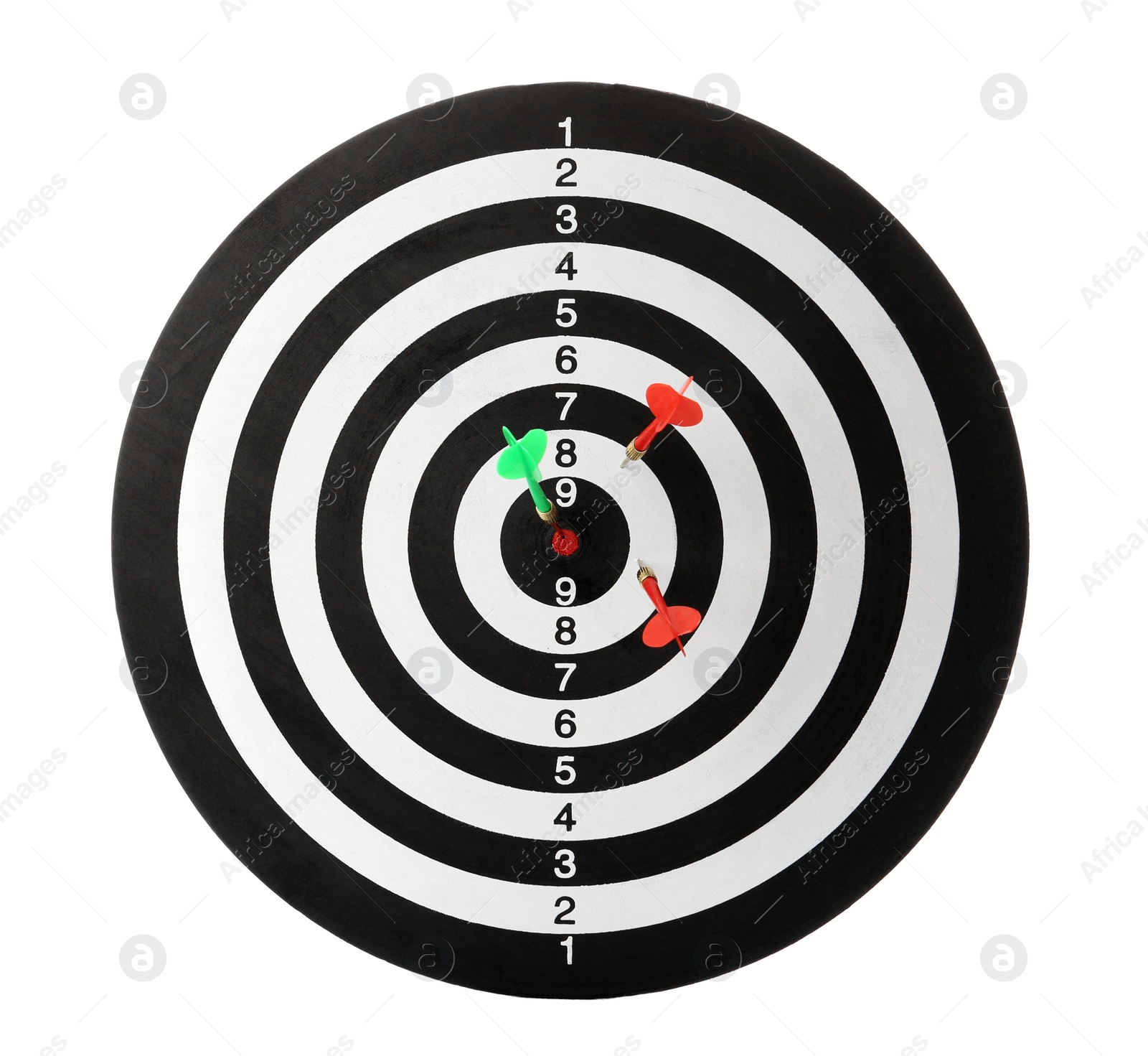 Photo of Arrows hitting target on dart board against white background