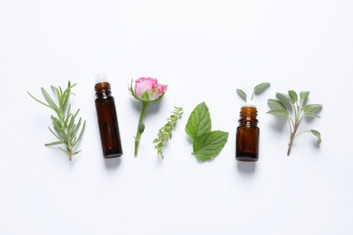 Photo of Bottles of essential oils, different herbs and rose flower on white background, flat lay