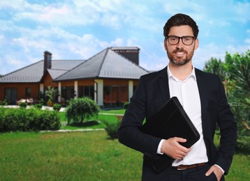 Image of Real estate agent with portfolio near beautiful house outdoors, space for text