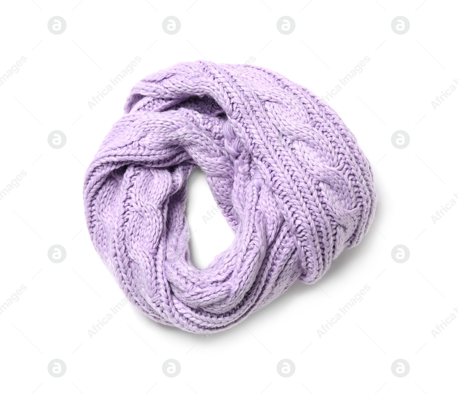 Photo of Lilac knitted scarf isolated white, top view