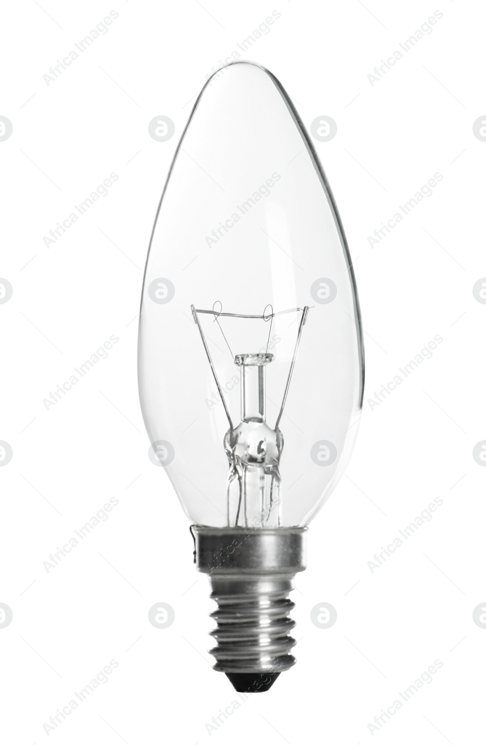 Photo of New incandescent light bulb for lamp on white background