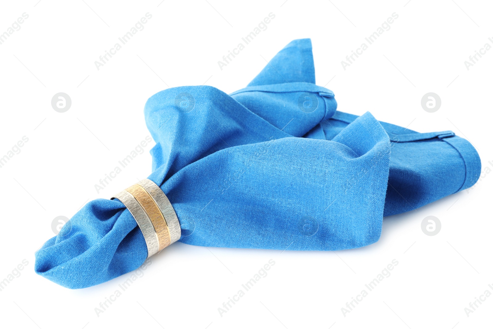 Photo of Fabric napkin with decorative ring for table setting on white background