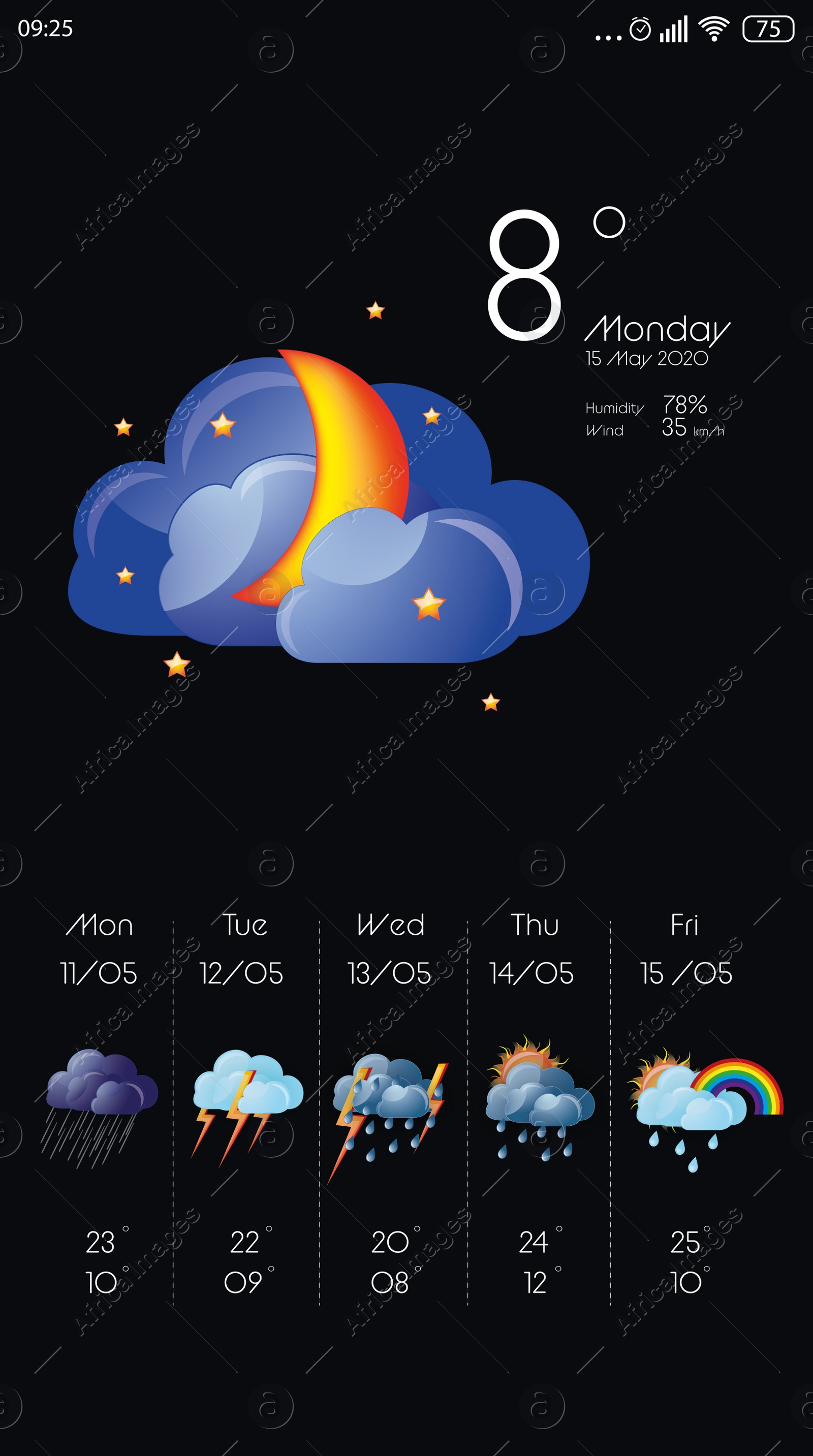 Illustration of Weather forecast widget on screen. Mobile application