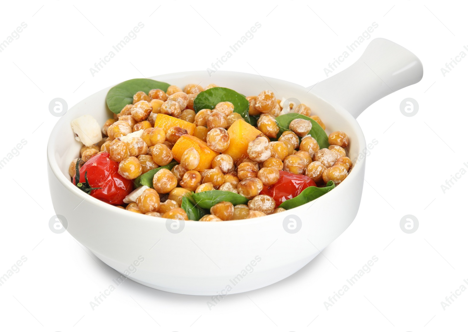 Photo of Dish with delicious fresh chickpea salad isolated on white