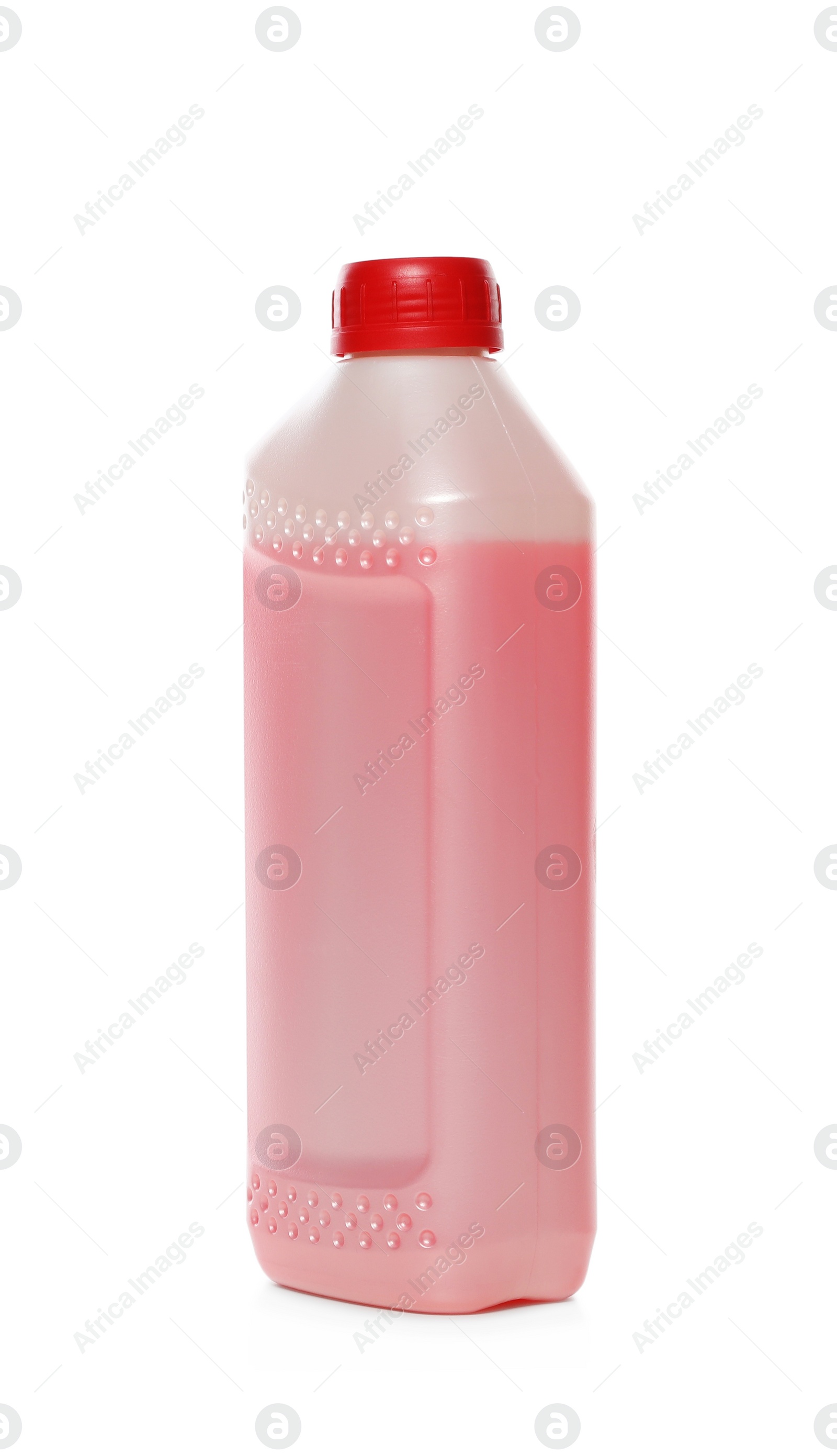 Photo of Antifreeze in plastic bottle isolated on white