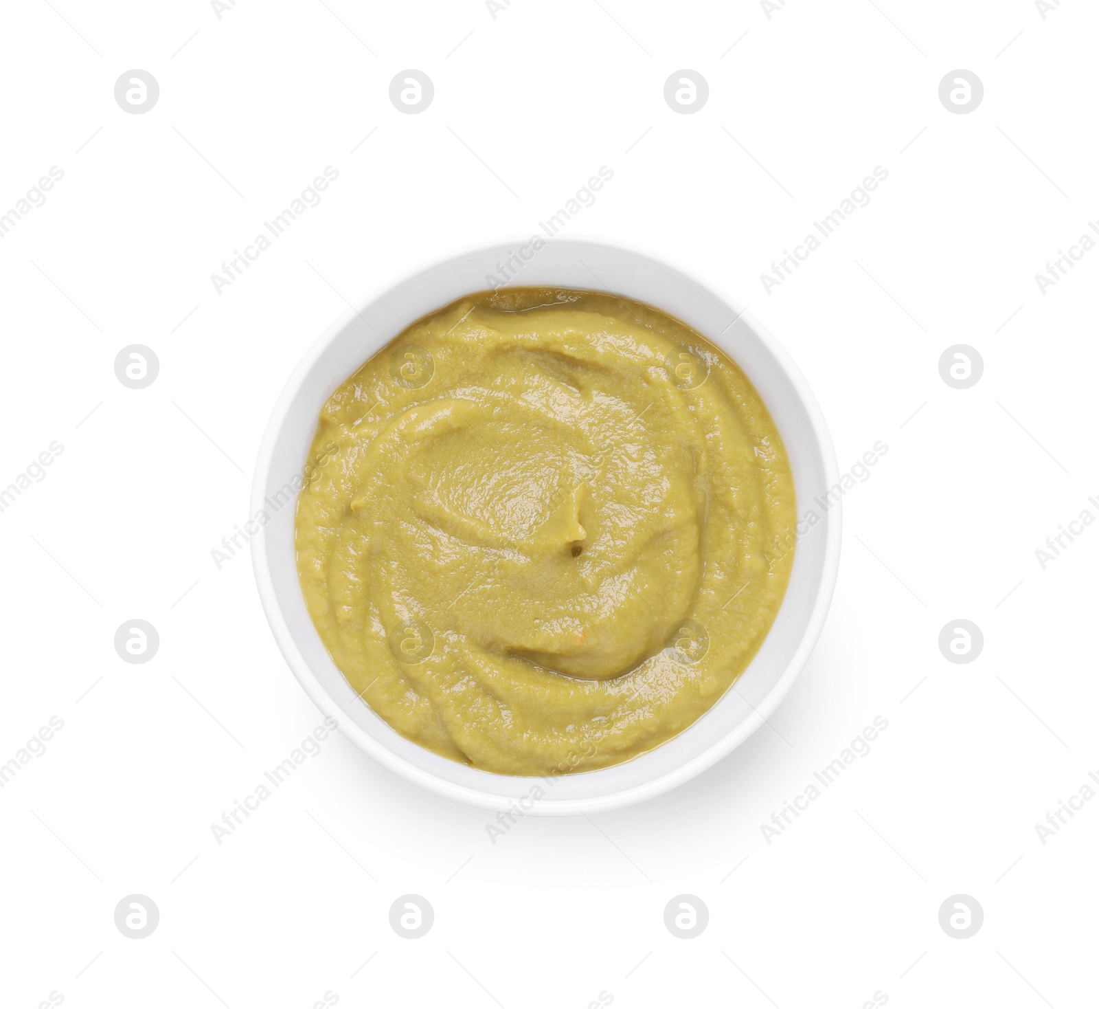 Photo of Bowl with healthy baby food isolated on white, top view