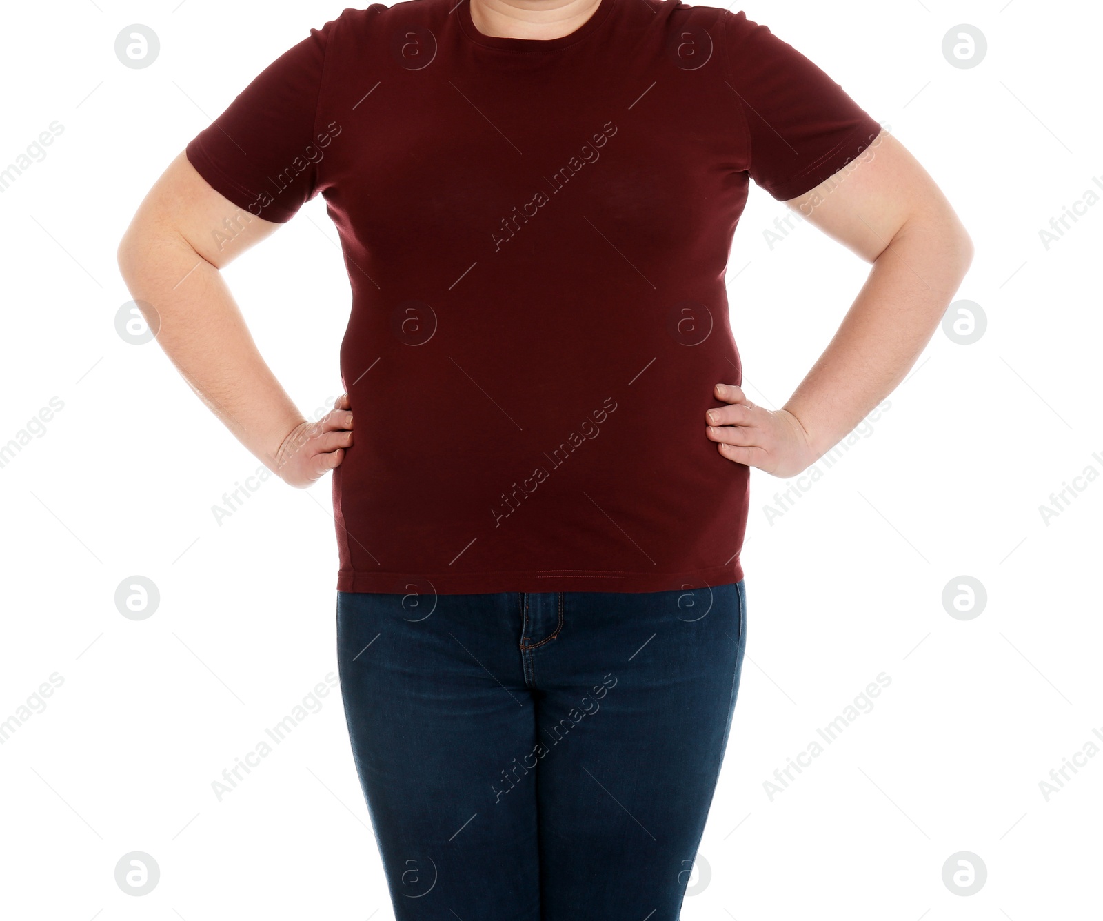 Photo of Overweight woman on white background, closeup. Weight loss