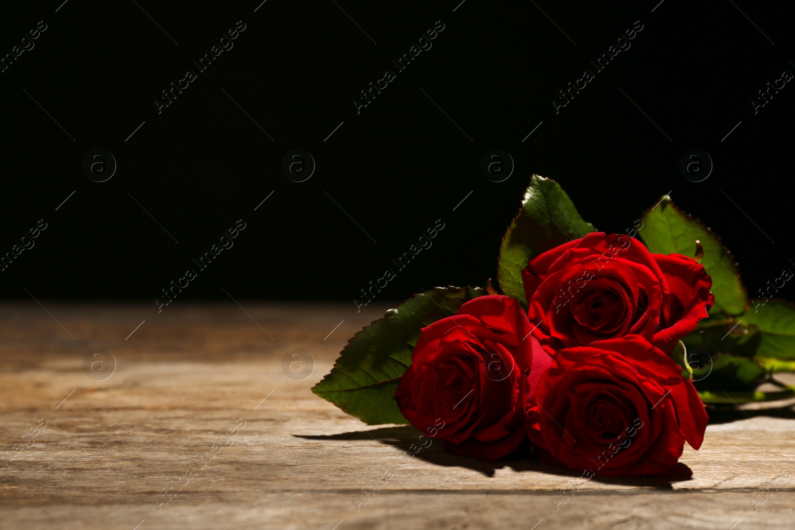 Photo of Beautiful red roses on table against black background. Funeral symbol