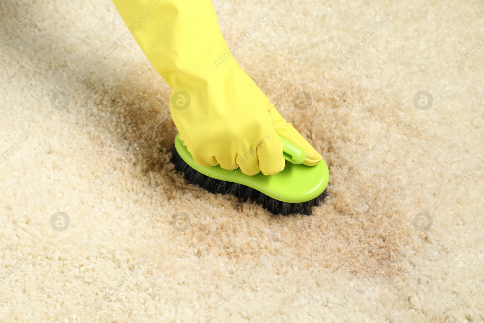 Photo of Woman removing stain from beige carpet, closeup