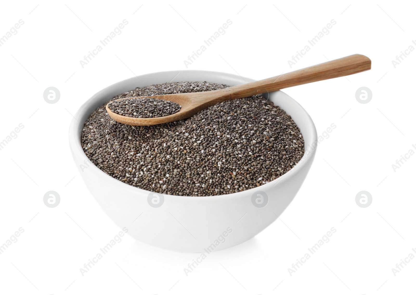 Photo of Chia seeds in bowl with spoon isolated on white
