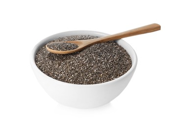 Photo of Chia seeds in bowl with spoon isolated on white
