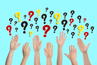 Image of Collage of people raising hands and question marks on turquoise background, closeup