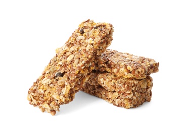 Image of Crunchy granola bars on white background. Healthy snack