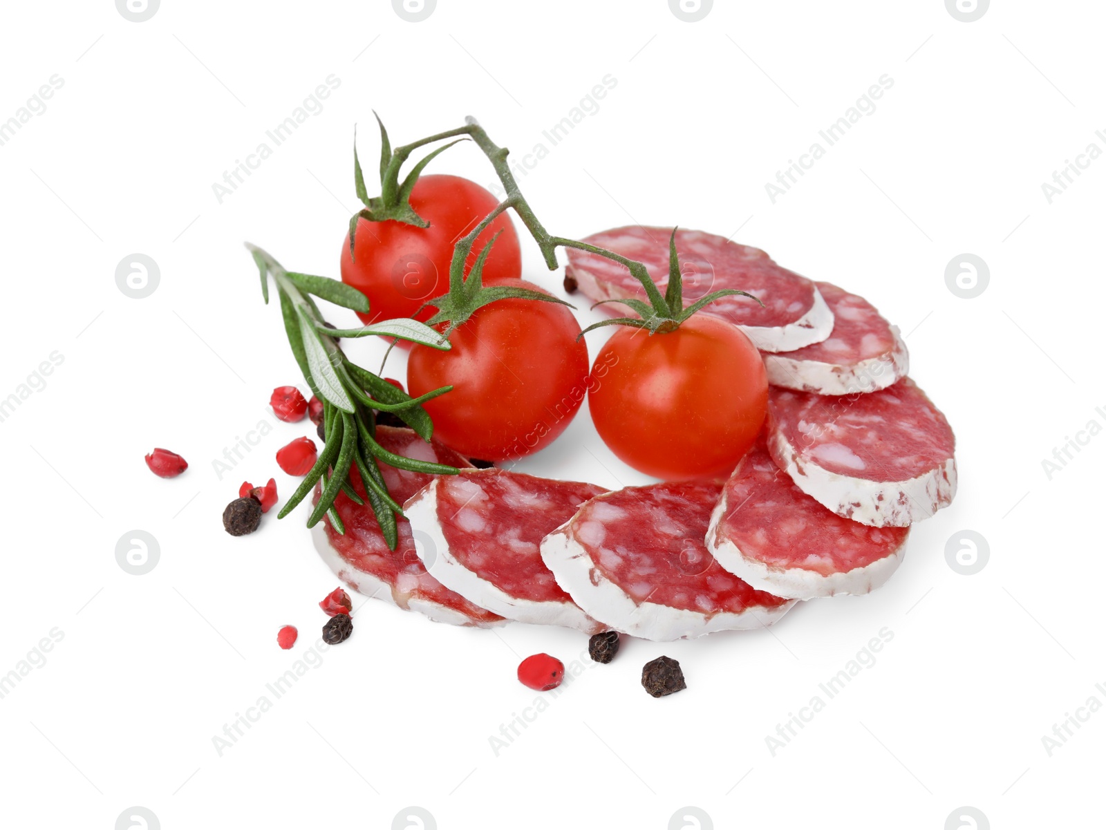 Photo of Delicious cut fuet sausage with rosemary, pepper and tomatoes isolated on white