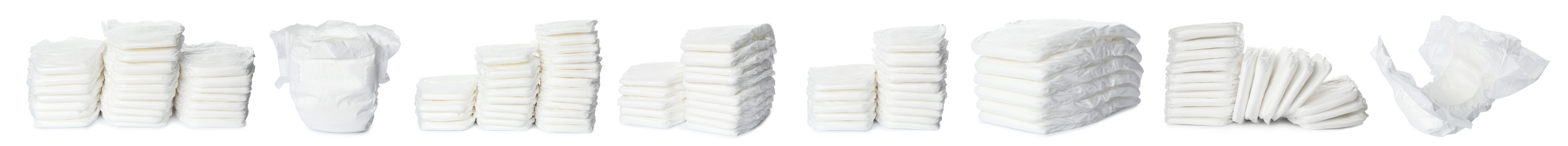 Image of Set of baby diapers on white background. Banner design