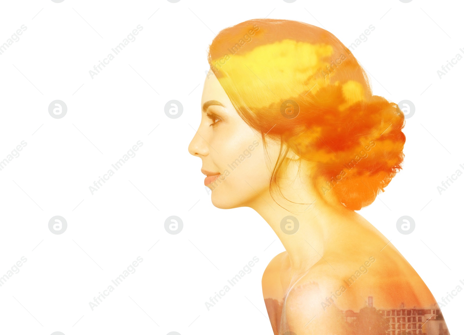 Image of Harmony, balance, mindfulness. Beautiful woman and sky at sunset, double exposure