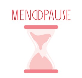 Menstrual cycle. Word Menopause with letter O as pause button and sandglass on white background. Illustration design