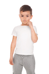 Photo of Little boy with chickenpox on white background