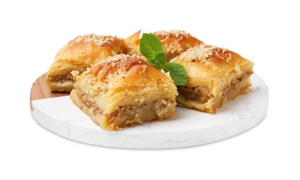 Photo of Eastern sweets. Pieces of tasty baklava isolated on white