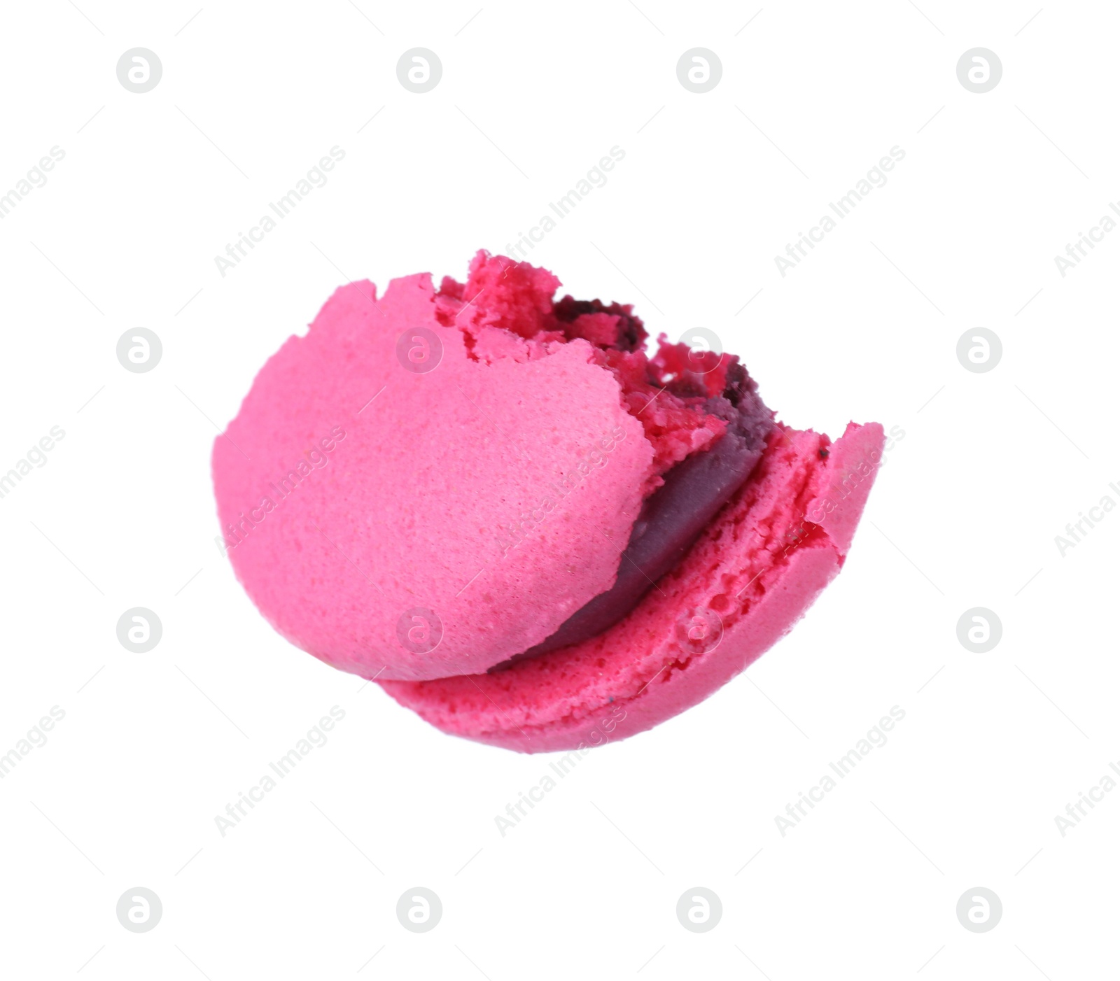 Photo of Piece of bright pink macaron isolated on white