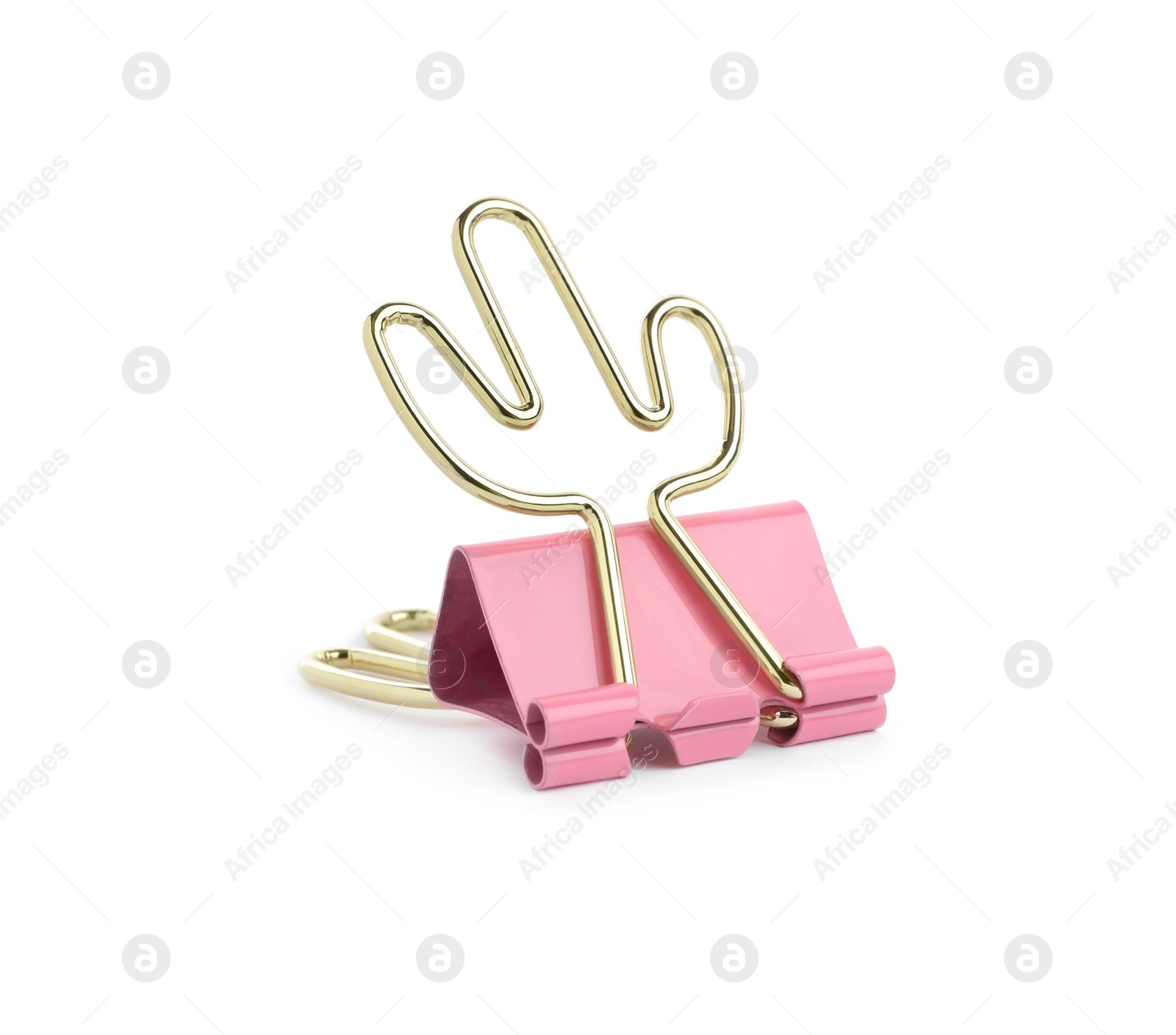 Photo of Cactus shaped binder clip isolated on white. Stationery item