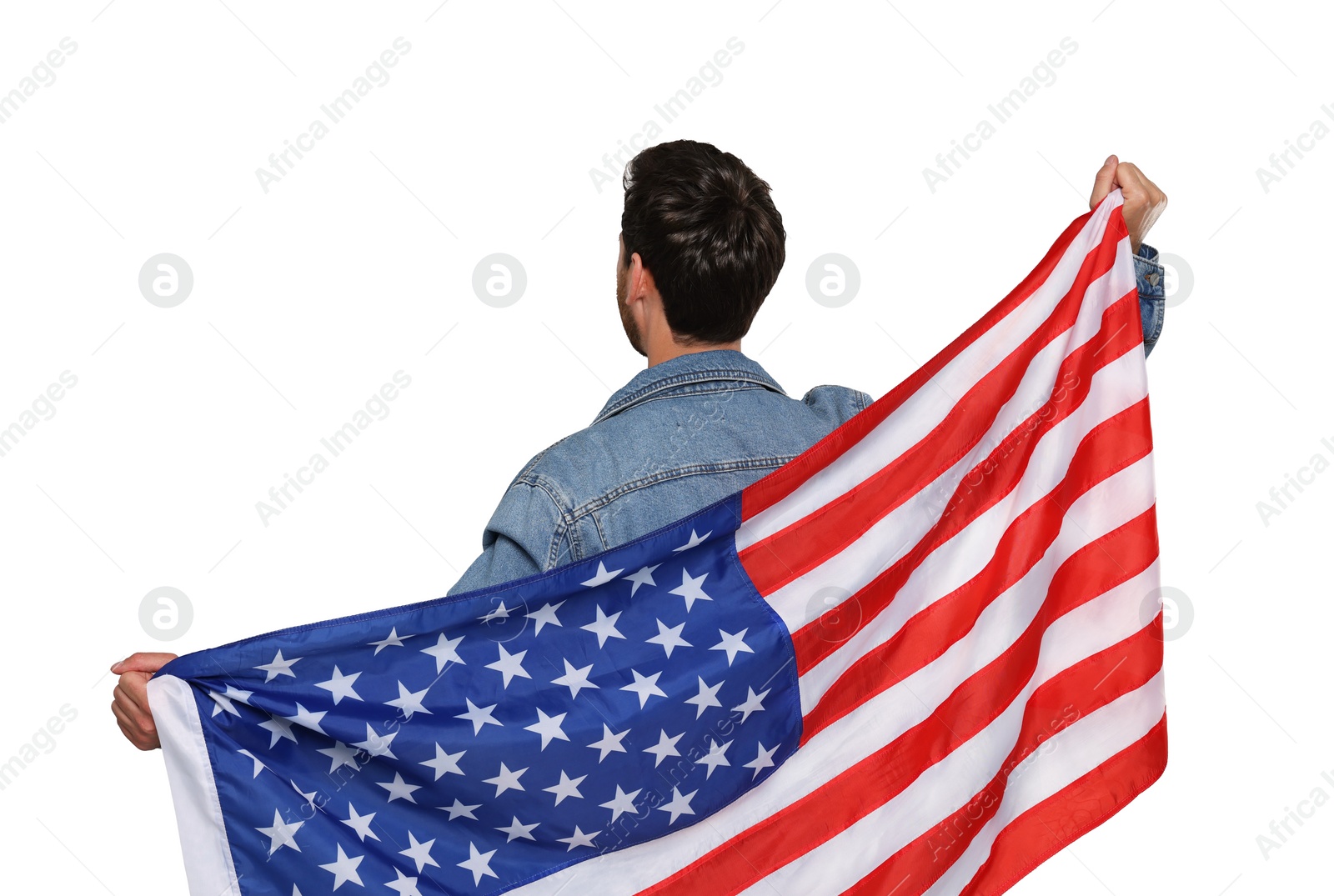 Image of 4th of July - Independence day of America. Man holding national flag of United States on white background, back view