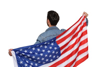 Image of 4th of July - Independence day of America. Man holding national flag of United States on white background, back view