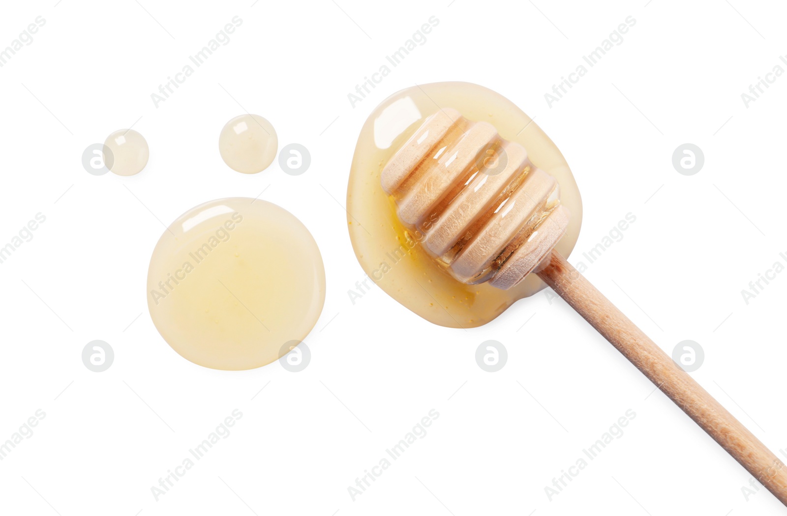 Photo of Tasty natural honey and dipper on white background, top view