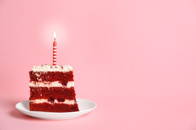 Photo of Plate with piece of delicious homemade red velvet cake and space for text on color background