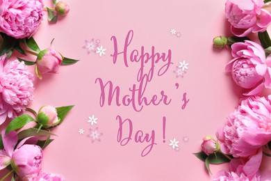 Happy Mother's Day. Beautiful peony flowers on pink background, flat lay
