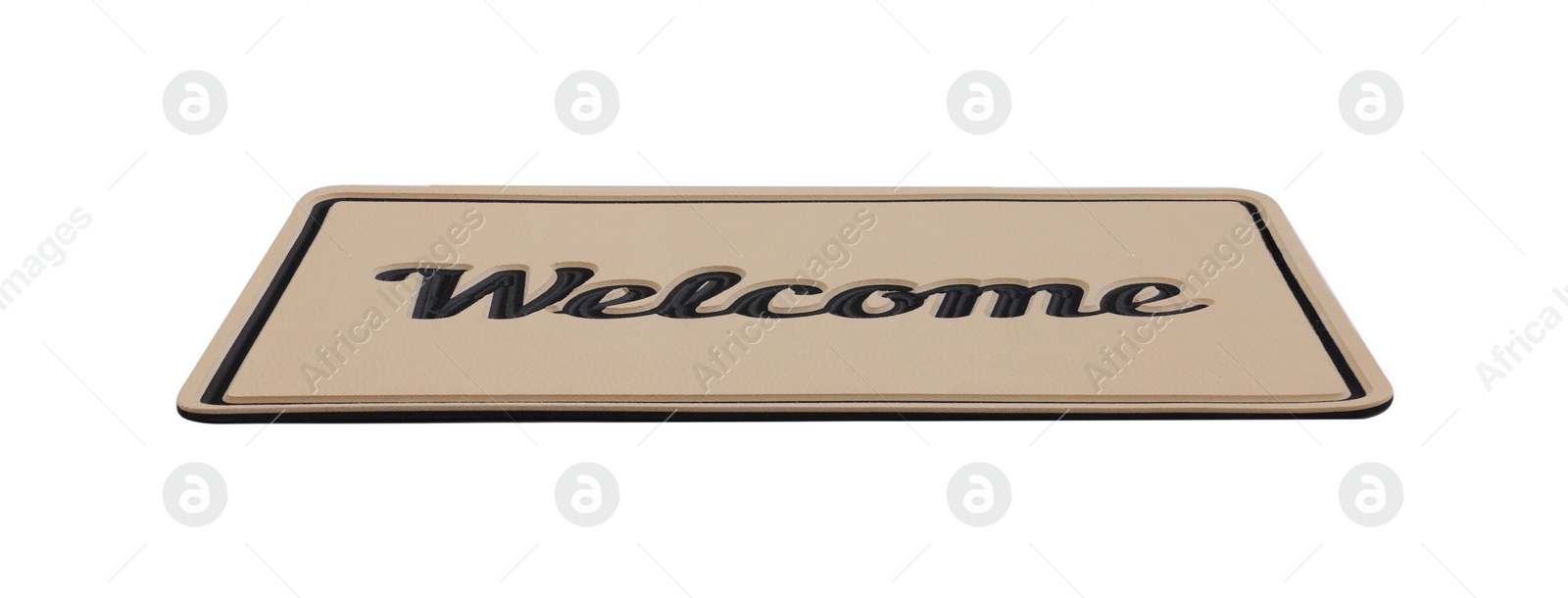 Photo of Beige doormat with word Welcome isolated on white