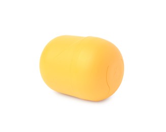 Slynchev Bryag, Bulgaria - May 23, 2023: One yellow plastic capsule from Kinder Surprise Egg isolated on white