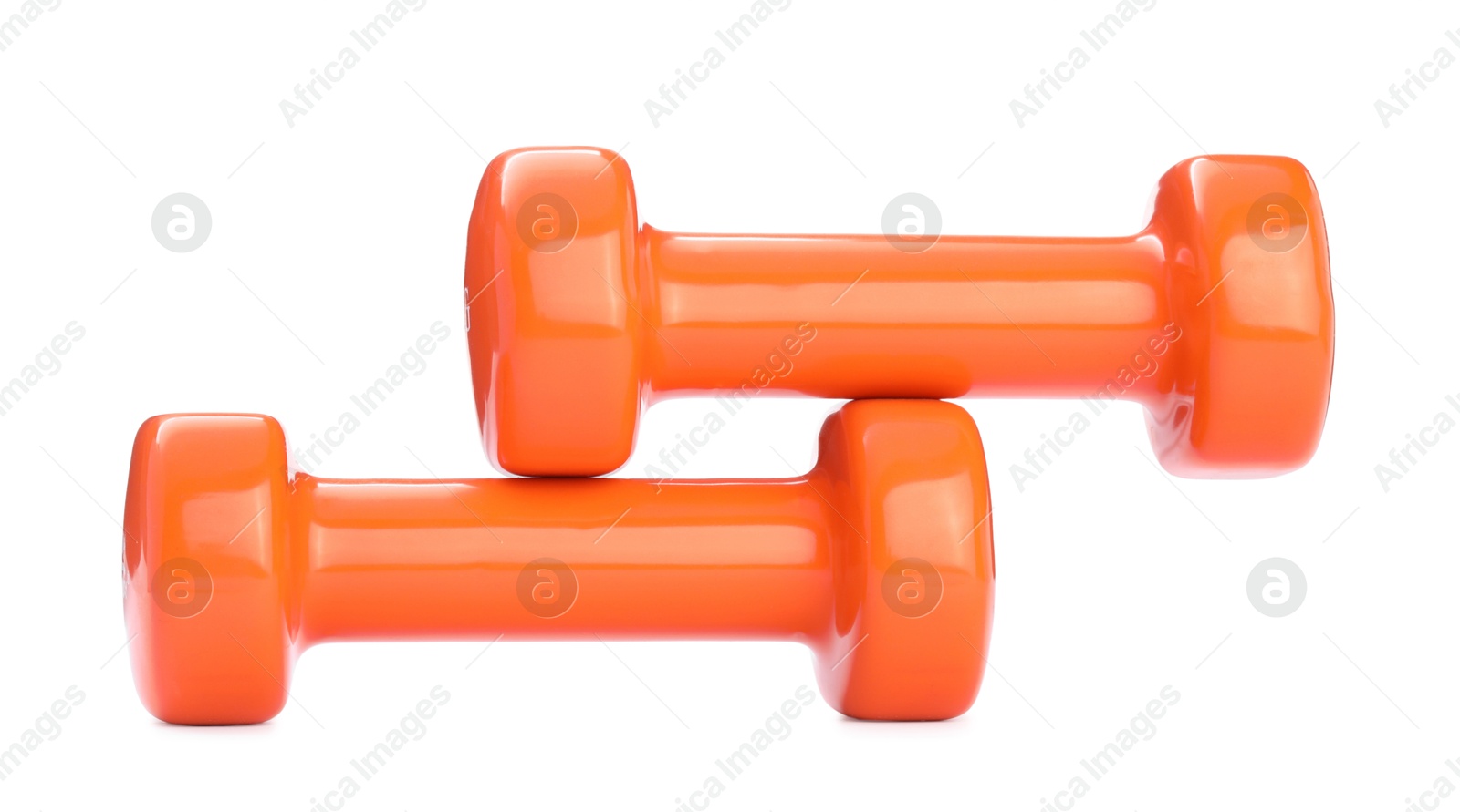 Photo of Orange dumbbells isolated on white. Sports equipment