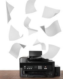 Image of Modern multifunction printer on table and flying sheets of paper against white background