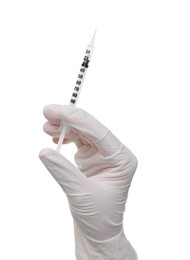 Doctor holding medical syringe on white background, closeup