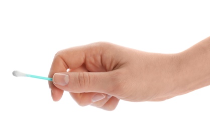 Photo of Woman holding used cotton swab on white background, closeup