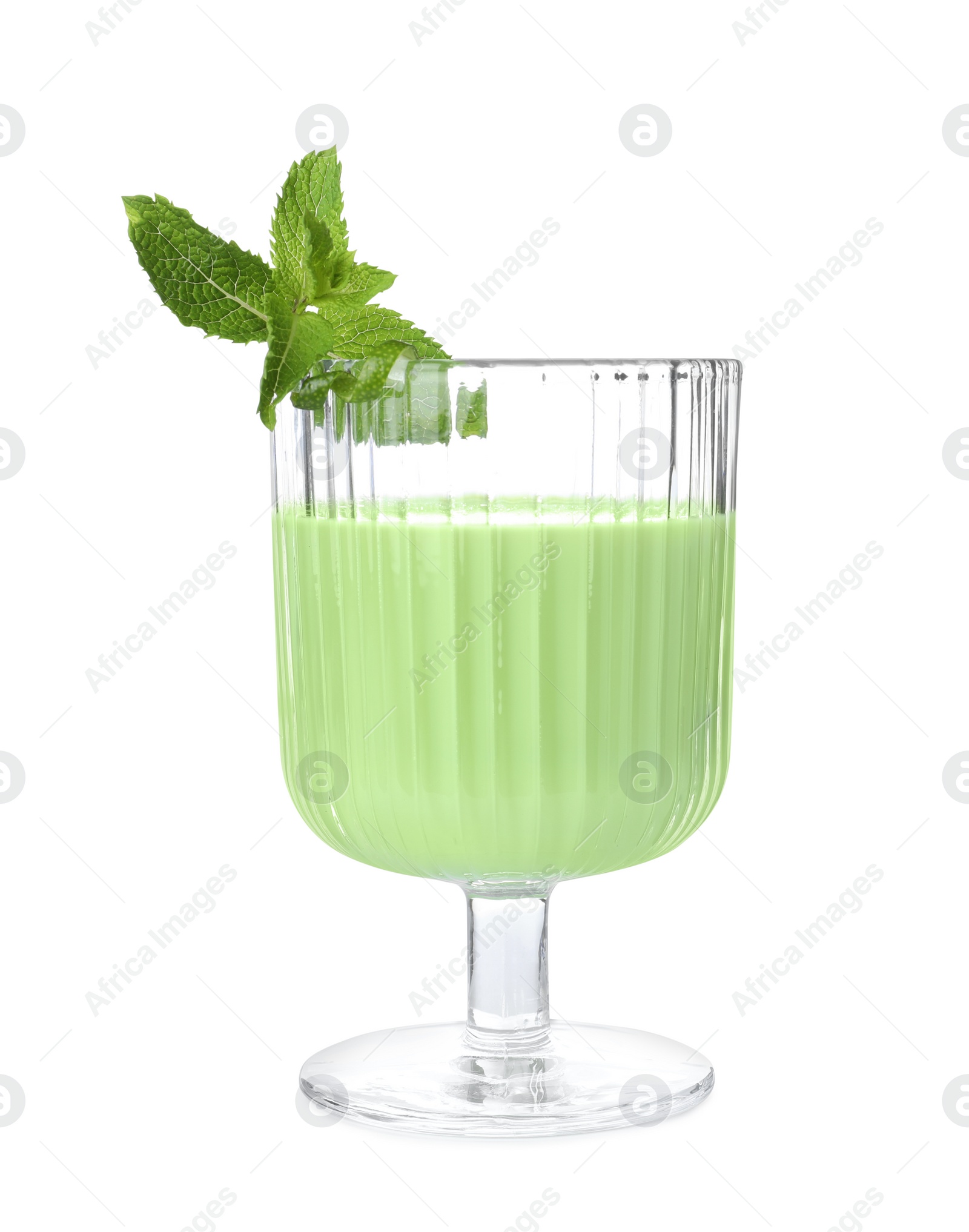 Photo of Delicious mint liqueur and fresh leaves isolated on white