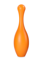 Photo of Orange bowling pin isolated on white. Child toy