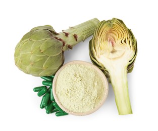 Fresh artichokes, pills and powder isolated on white, top view