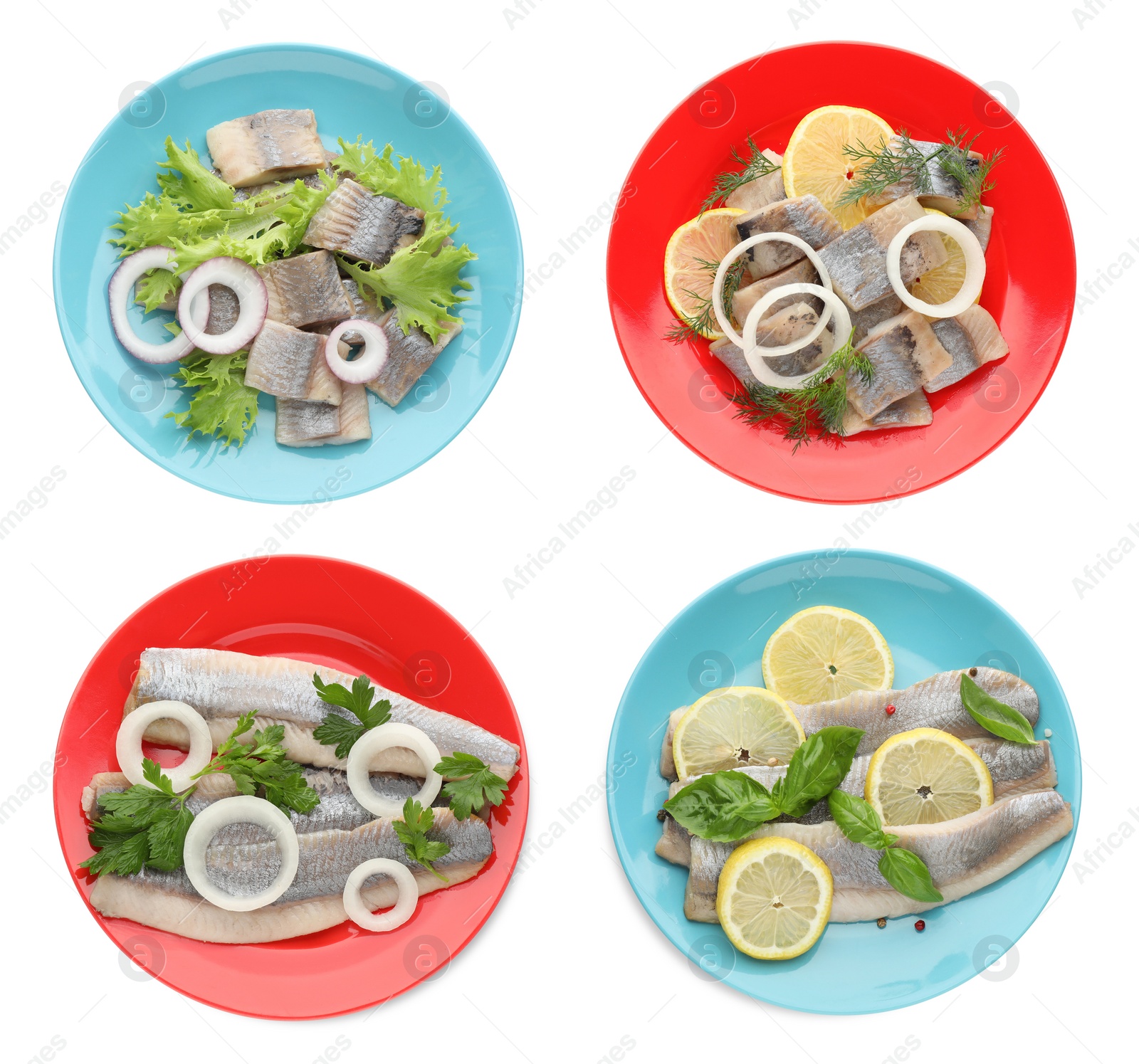 Image of Set with delicious salted herring fillets on white background, top view