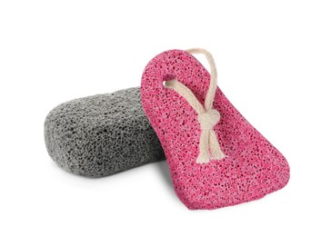 Different pumice stones on white background. Pedicure tool