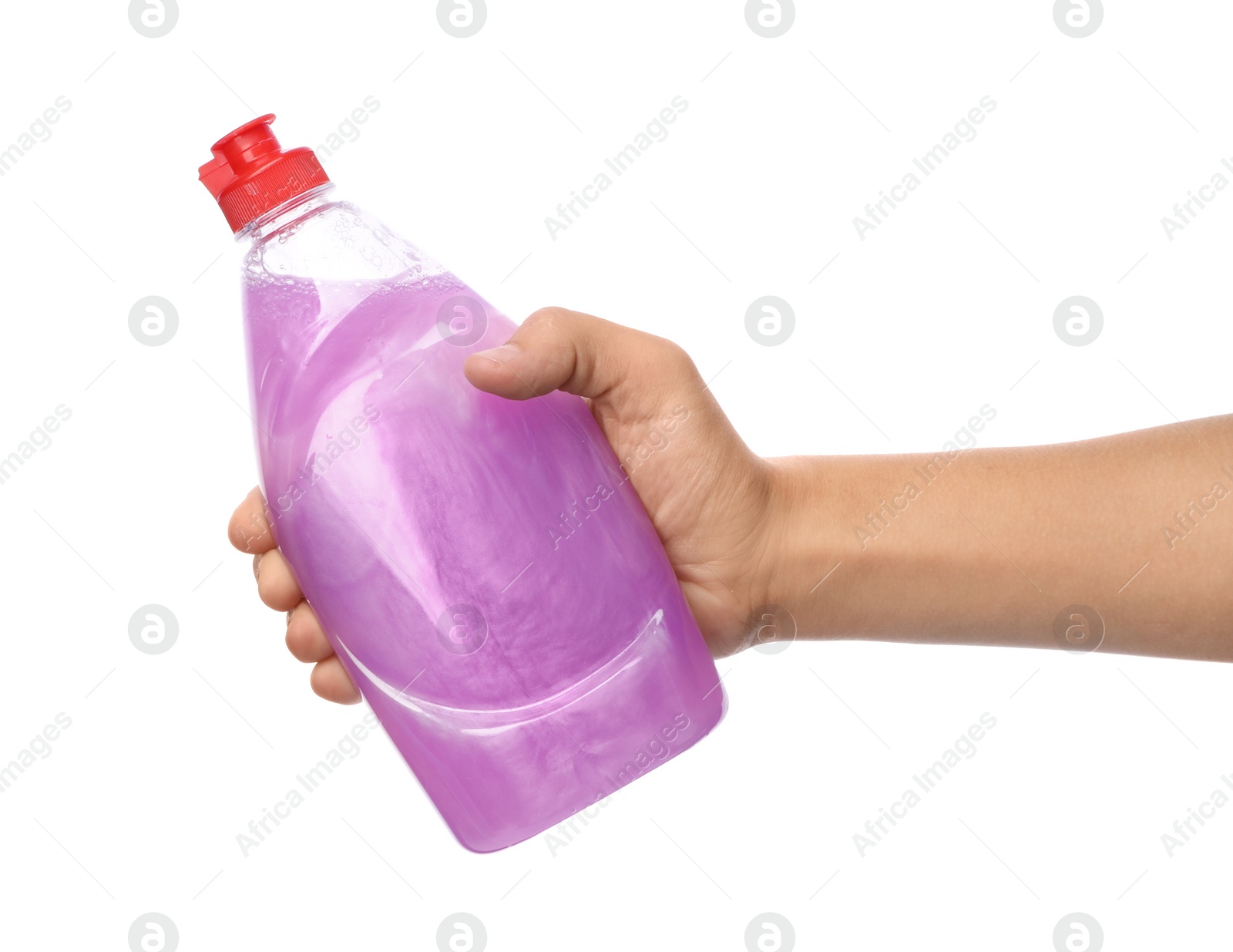 Photo of Woman holding bottle of cleaning product for dish washing on white background, closeup