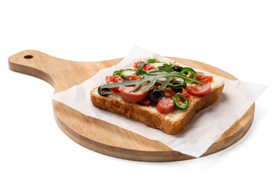 Photo of Tasty pizza toast and wooden board isolated on white