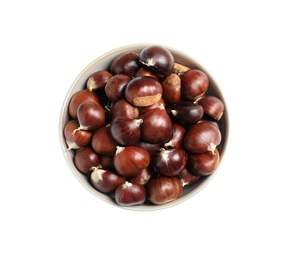 Photo of Fresh sweet edible chestnuts in bowl on white background, top view