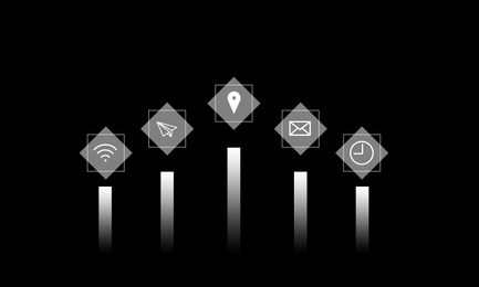 Different digital marketing icons on black background