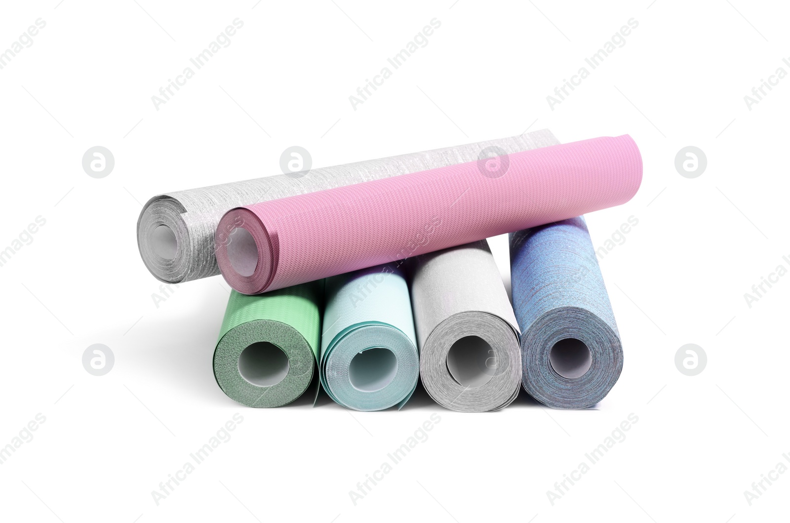 Image of Different colorful wallpaper rolls isolated on white