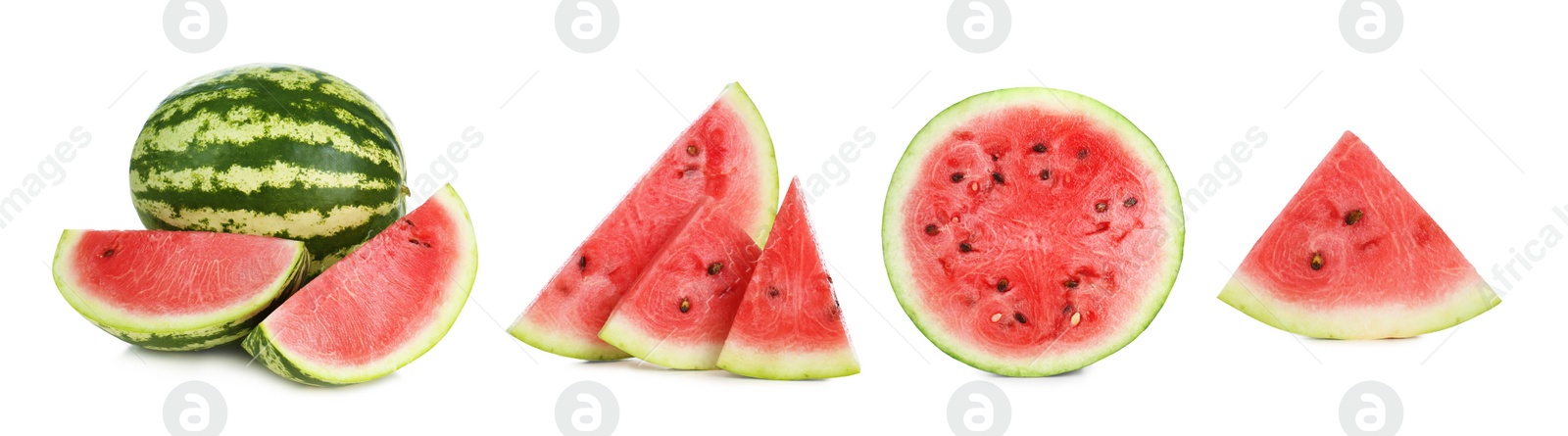 Image of Set of fresh watermelons on white background. Banner design