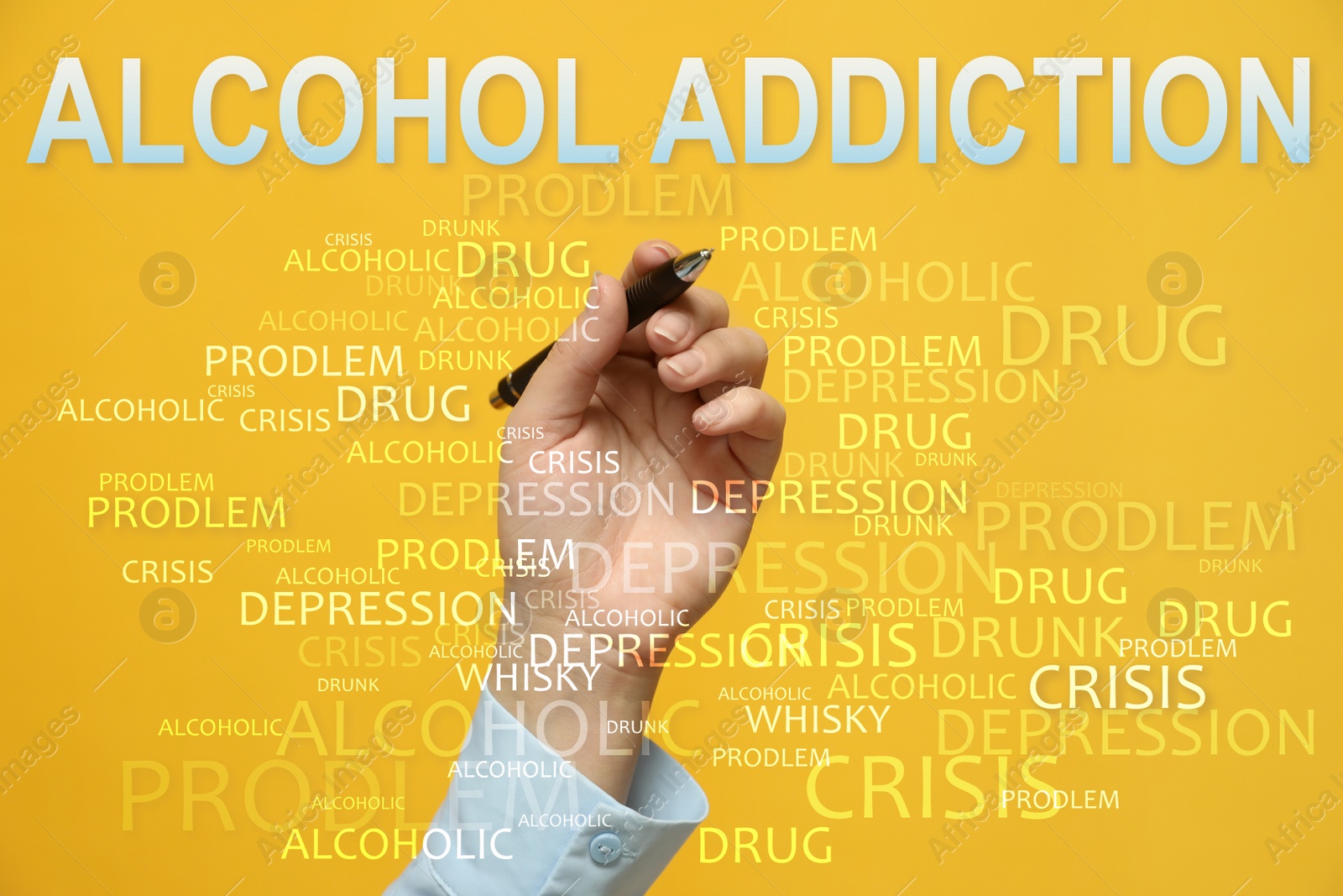 Image of Alcohol addiction? - We can help you. Closeup view of woman with pen against yellow background